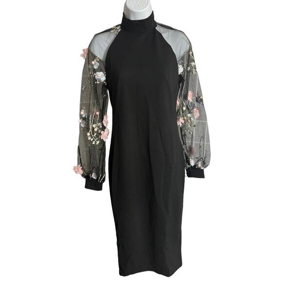 Shein black floral sheer nylon long sleeve high mock neck midi dress small NWOT - Picture 1 of 4